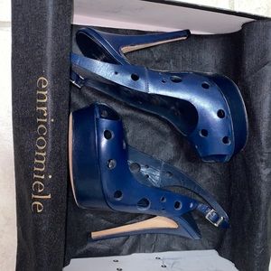 Enrico Miele Navy Blue Leather Sling Back Heels